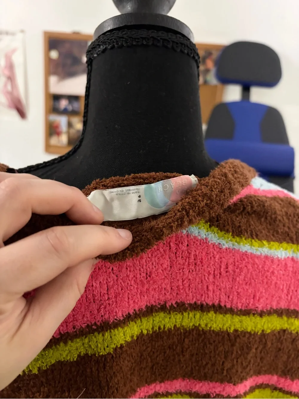 Striped V-Neck Plush Sweater in Brown, Pink, Blue & Green - Picture 6 of 6